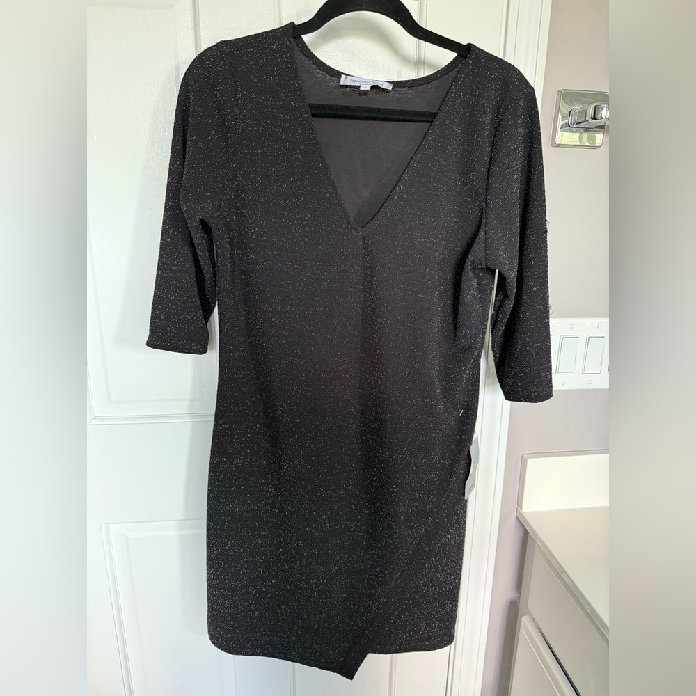 The Vanity Room Black Metallic Asymmetrical Wrap Illusion Dress V neck Sleeves